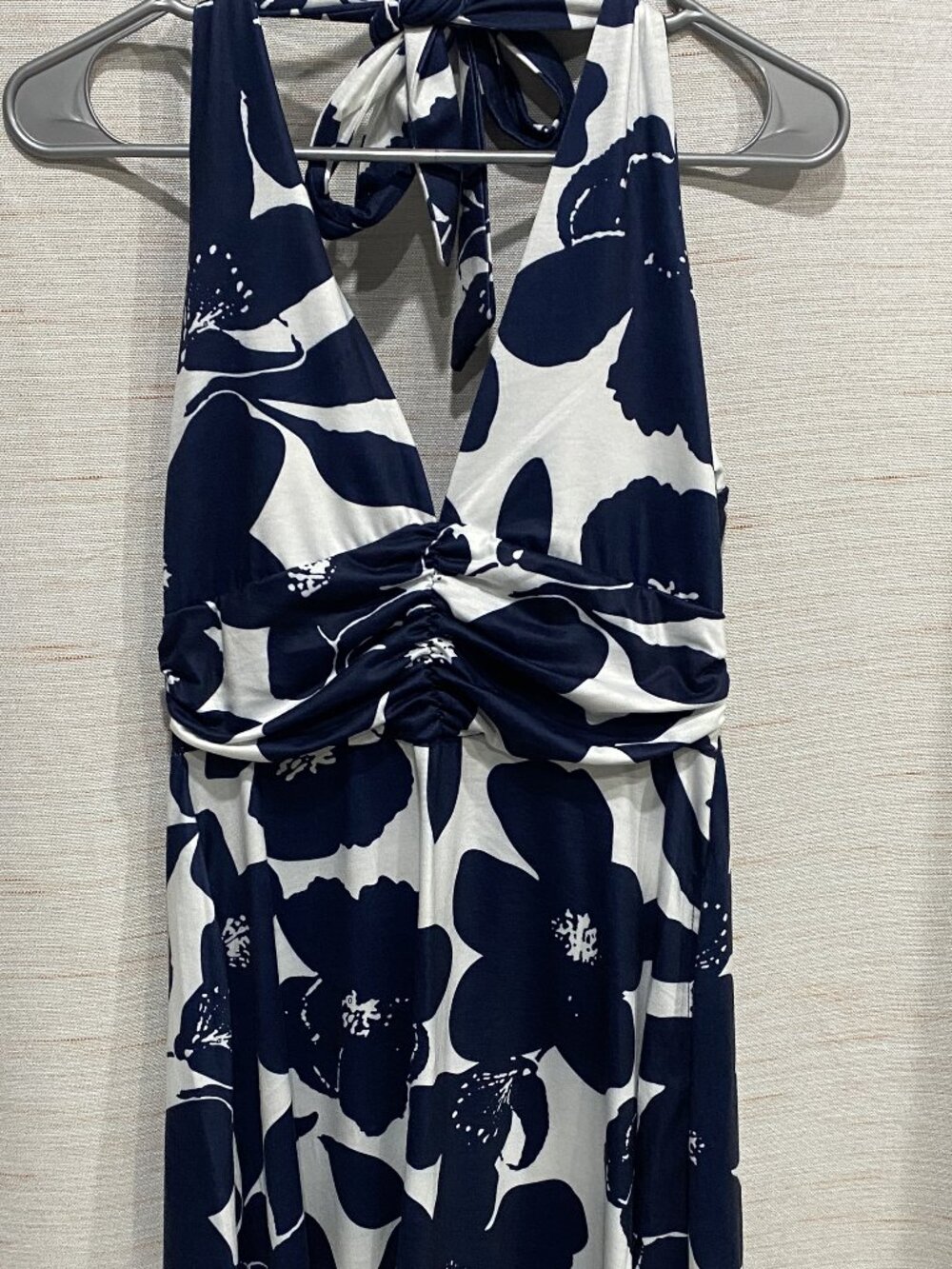 Halter Dress With Pockets Blue White Medium Womens (247)